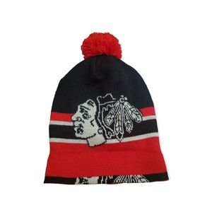 CCM NHL CHICAGO BLACKHAWKS Knit Beanie Black Red Team Logo w/ Pom Boys Size 8-20